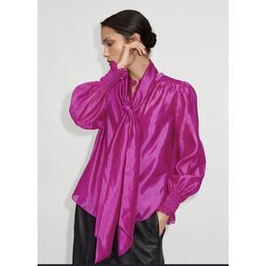 ME+EM Purple Pleated Silk Organza Necktie Blouse + Cami 100% Silk Organza 8